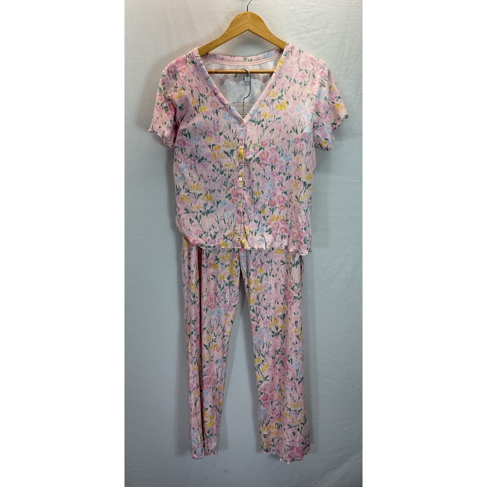 PJ Salvage Sz L/XL Womens Pink Floral Short Slv Velour Pajama‎ Set Casual Lounge